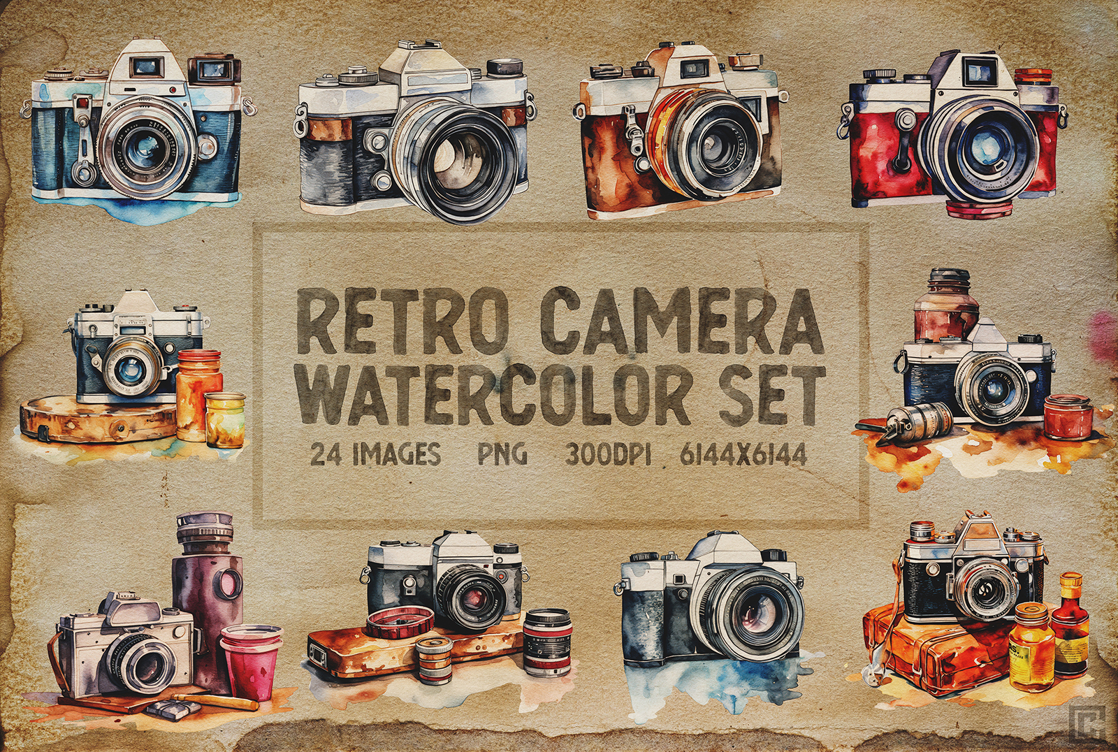 Retro Vintage Camera Watercolor Package with Transparent PNGs
