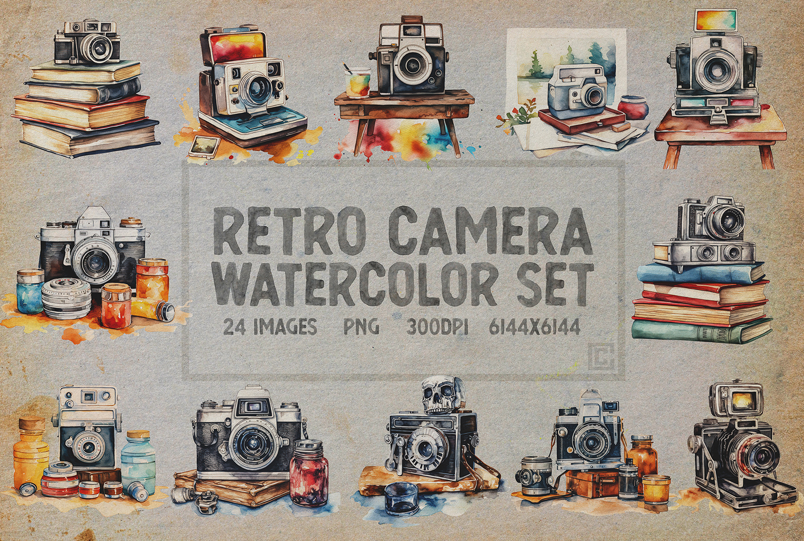 Retro Vintage Camera Watercolor Package with Transparent PNGs