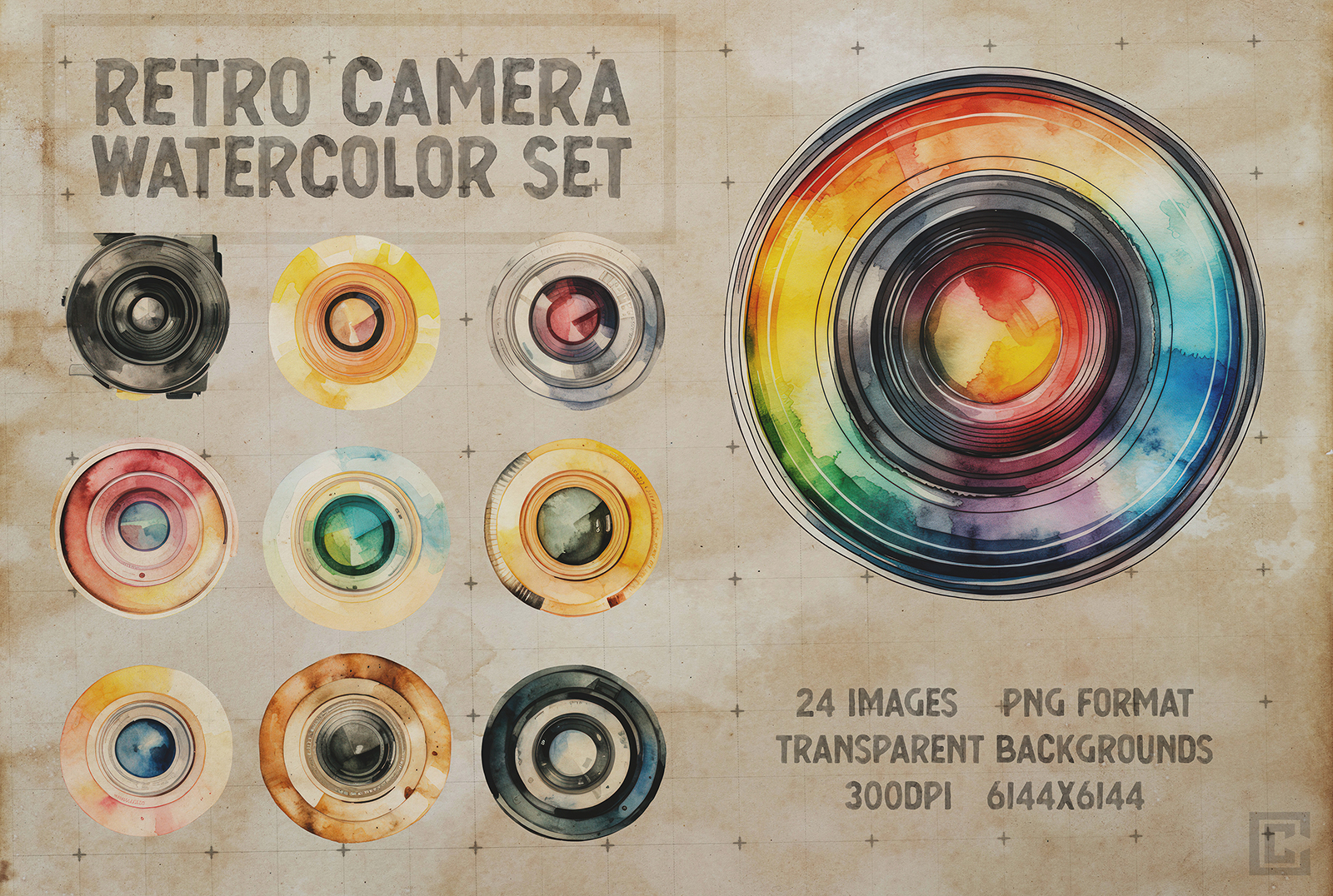Retro Vintage Camera Watercolor Package with Transparent PNGs