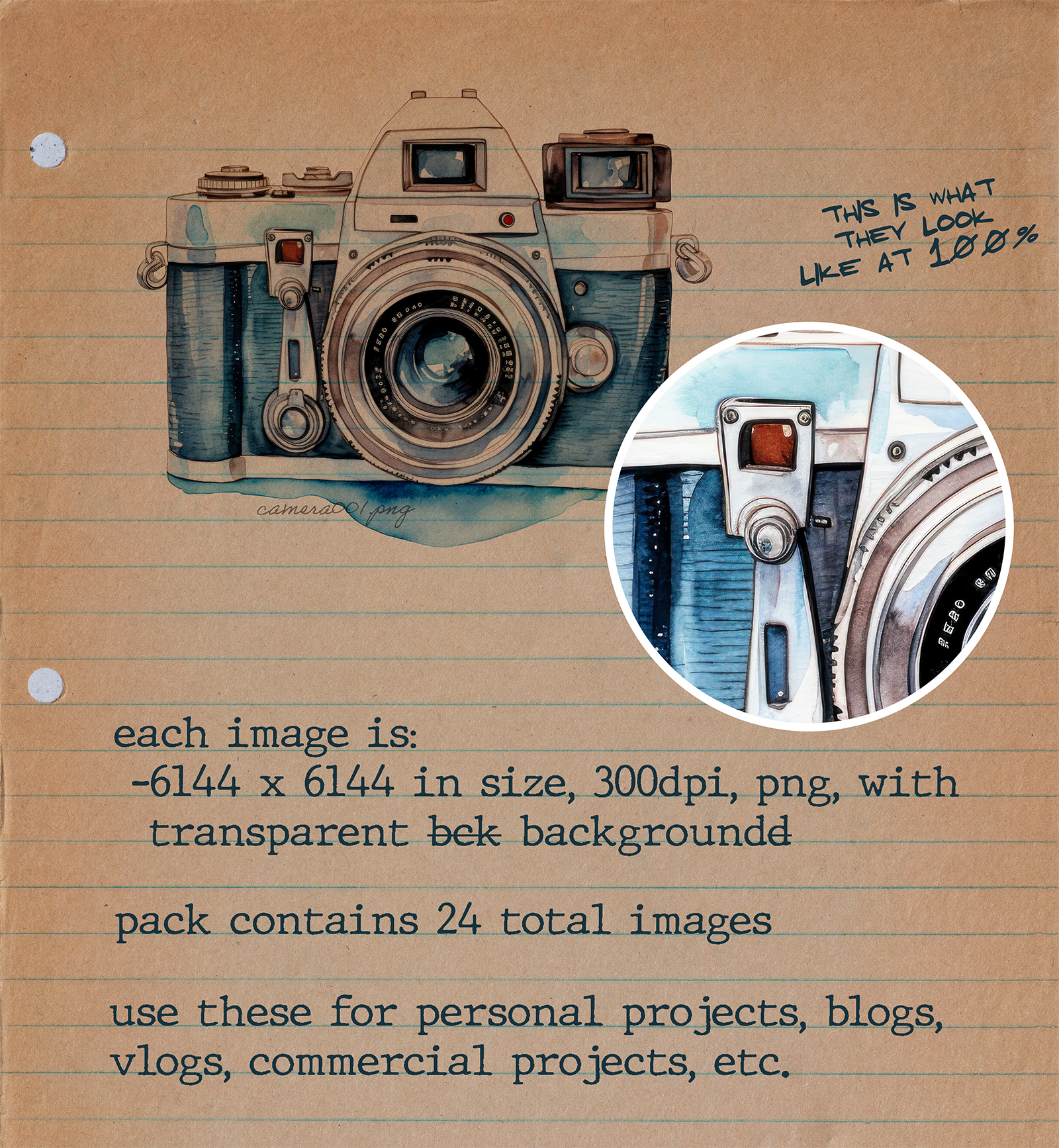 Retro Vintage Camera Watercolor Package with Transparent PNGs